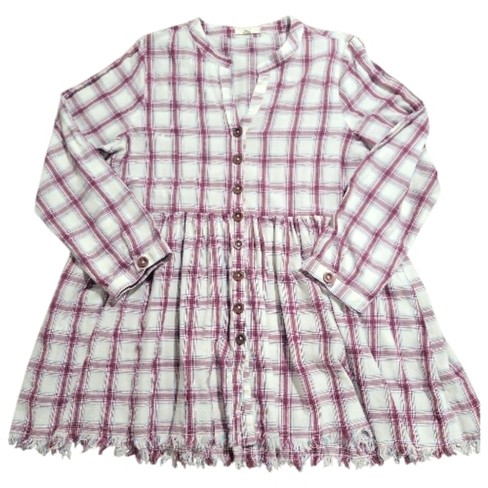 easel Pink and White Plaid Button-Front Peplum Top